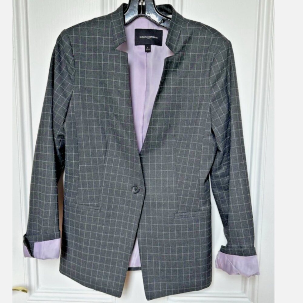 Banana Republic Women's Size 6 Charcoal Windowpane Inverted Collar Blazer